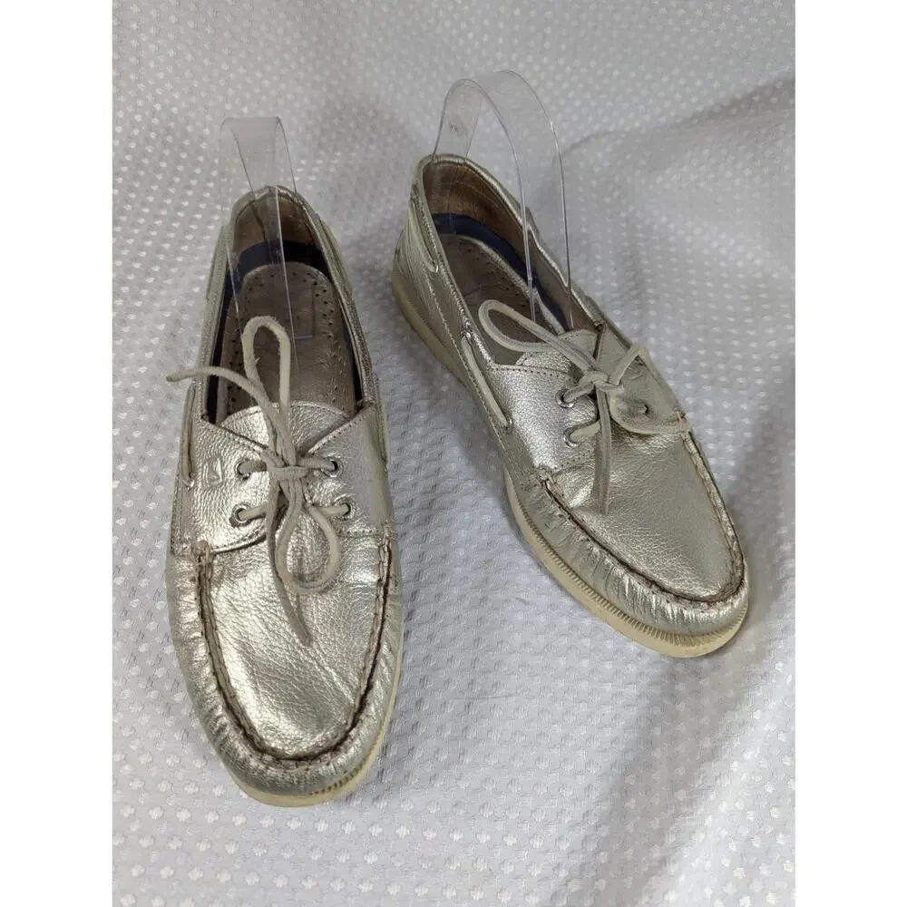 SPERRY TOPSIDER! GOLD GENUINE LEATHER BOAT SHOES NON-MARKING WHITE SOLE! SZ 9.5M